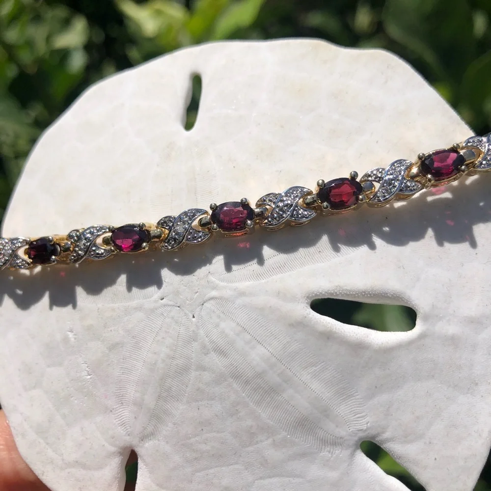 Sterling Natural Garnet Diamond Cut Crossover Vermeil Gold Tennis Bracelet - Picture 11 of 13